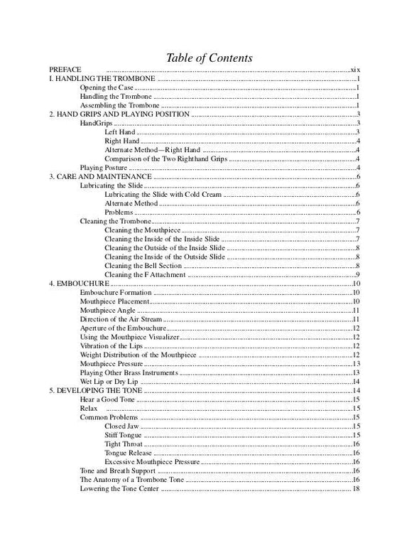 The Trombonist's Handbook, A Complete Guide to Playing and Teaching the Trombone by Reginald H. Fink - Contents Page 1
