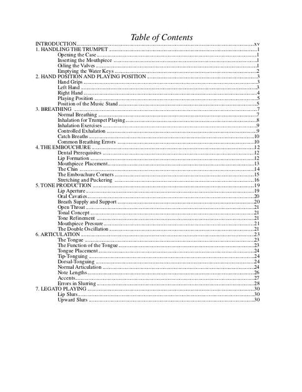 The Trumpeter's Handbook, A Comprehensive Guide to Playing and Teaching the Trumpet. by Roger Sherman. Contents page 1
