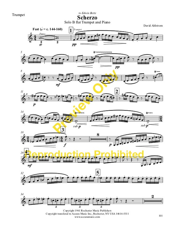 Scherzo for B flat Trumpet and Piano by David Ahlstrom. A movement of a concerto for trumpet and orchestra. A standard repertoire solo. Solo page 1