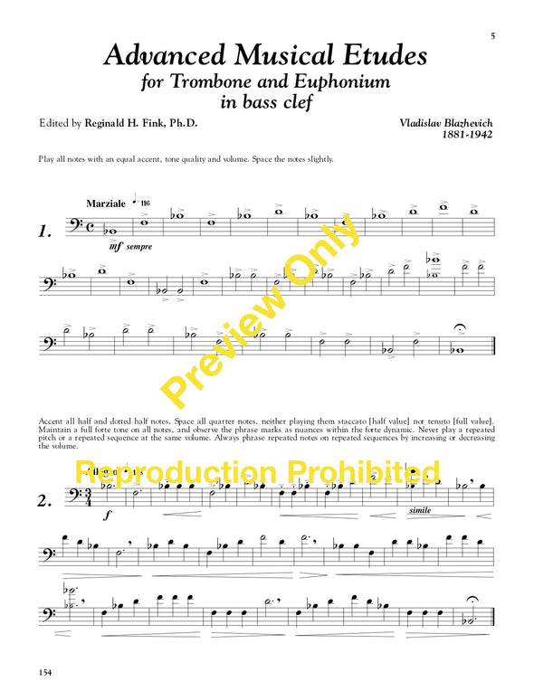 Page 5, exercises 1 and 2 of Advanced Musical Etudes based on Blazhevich's School for Clefs for Trombone by Reginald Fink
