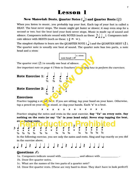 The Rhythm Book by Daniel Kazez  Eighty-two lessons of rhythm exercises, information, and short written worksheets. Lesson 1